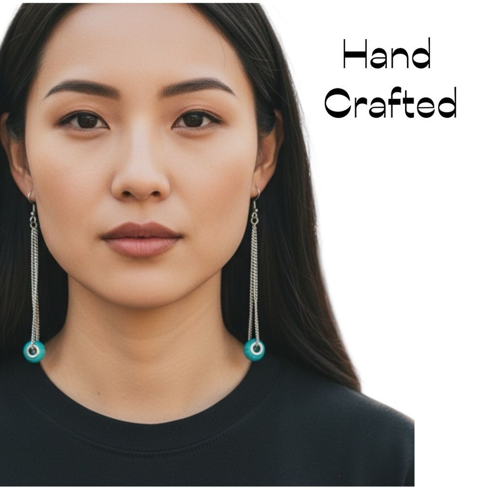 Hand Crafted Teal Gemstone With Silver Chain Earrings NWT